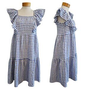Calista Tiered Gingham Checked Midi Dress w/Pockets Blue Cottagecore Modest S